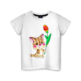 Детская футболка хлопок с принтом КОТ С ТЮЛЬПАНОМ в Кировске, 100% хлопок | круглый вырез горловины, полуприлегающий силуэт, длина до линии бедер | детские | животные | звери | зверушка | киса | котенок | котик | цветок | цветочек