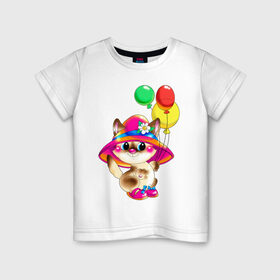 Детская футболка хлопок с принтом КИСКА В ШЛЯПЕ в Кировске, 100% хлопок | круглый вырез горловины, полуприлегающий силуэт, длина до линии бедер | в шляпе | воздушные шарики | детские | животные | звери | зверушка | киса | котенок | шары