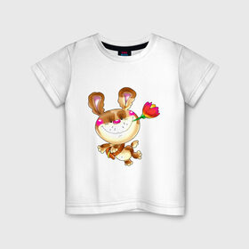Детская футболка хлопок с принтом МЕДВЕДЬ С ТЮЛЬПАНОМ в Кировске, 100% хлопок | круглый вырез горловины, полуприлегающий силуэт, длина до линии бедер | детские | животные | звери | зверушка | медвежонок | мишка | мишутка | цветок | цветочек