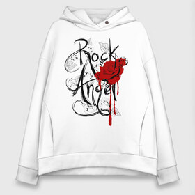 Женское худи Oversize хлопок с принтом Rock angel red rose в Кировске, френч-терри — 70% хлопок, 30% полиэстер. Мягкий теплый начес внутри —100% хлопок | боковые карманы, эластичные манжеты и нижняя кромка, капюшон на магнитной кнопке | Тематика изображения на принте: rock | rock angel | красная роза | роза | рок | рок музыка