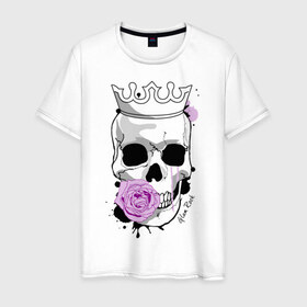 Мужская футболка хлопок с принтом Skull with rose в Кировске, 100% хлопок | прямой крой, круглый вырез горловины, длина до линии бедер, слегка спущенное плечо. | Тематика изображения на принте: rock | rose | роза | рок | рок музыка | череп