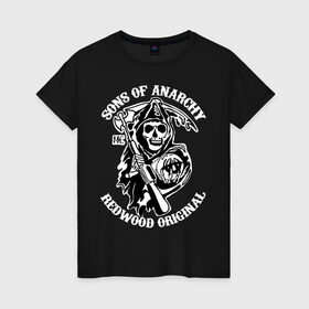 Женская футболка хлопок с принтом Sons of anarchy logo в Кировске, 100% хлопок | прямой крой, круглый вырез горловины, длина до линии бедер, слегка спущенное плечо | скелет | сыны анархии