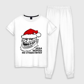 Женская пижама хлопок с принтом Новогодний trollface в Кировске, 100% хлопок | брюки и футболка прямого кроя, без карманов, на брюках мягкая резинка на поясе и по низу штанин | troll face | trollface | дед мороз | интернет мемы | мемы | тролл фейс | тролфейл