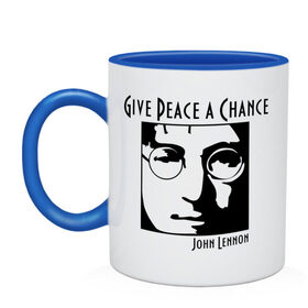 Кружка двухцветная с принтом John Lennon (Джон Леннон) Give Peace a Chance в Кировске, керамика | объем — 330 мл, диаметр — 80 мм. Цветная ручка и кайма сверху, в некоторых цветах — вся внутренняя часть | beatles | give peace a chance | john lennon | битлз | джон леннон | знаменитости | знаменитые личности | портрет