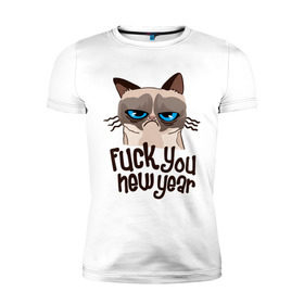 Мужская футболка премиум с принтом Cat fuck you new year в Кировске, 92% хлопок, 8% лайкра | приталенный силуэт, круглый вырез ворота, длина до линии бедра, короткий рукав | cat | год змеи | интернет приколы | кошка | новый год | новый год 2013 | приколы