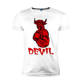 Мужская футболка премиум с принтом красный дьяволёнок в Кировске, 92% хлопок, 8% лайкра | приталенный силуэт, круглый вырез ворота, длина до линии бедра, короткий рукав | Тематика изображения на принте: devil | бицепсы | бык | бычара | гантеля | качок | мускулы | силовой спорт