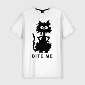 Мужская футболка премиум с принтом Bite me (черный кот) в Кировске, 92% хлопок, 8% лайкра | приталенный силуэт, круглый вырез ворота, длина до линии бедра, короткий рукав | киса | котенок