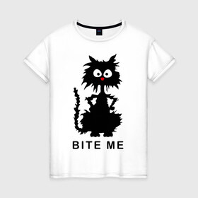 Женская футболка хлопок с принтом Bite me (черный кот) в Кировске, 100% хлопок | прямой крой, круглый вырез горловины, длина до линии бедер, слегка спущенное плечо | киса | котенок