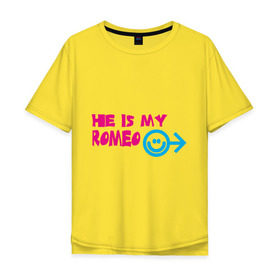 Мужская футболка хлопок Oversize с принтом Мой Ромео в Кировске, 100% хлопок | свободный крой, круглый ворот, “спинка” длиннее передней части | he is my romeo | для влюбленных | для двоих | для пар | любимая | любимый | любовь | мой ромео | парные | смайлик | стрелка