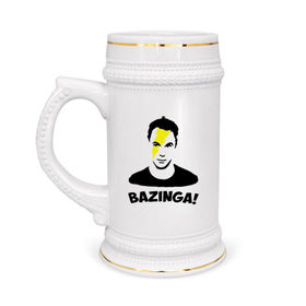 Кружка пивная с принтом Sheldon Bazinga в Кировске,  керамика (Материал выдерживает высокую температуру, стоит избегать резкого перепада температур) |  объем 630 мл | big bang theory | бугагашенька | кураж бамбей | сериал | тбв | телесериал | теория большого взрыва | шелдон купер