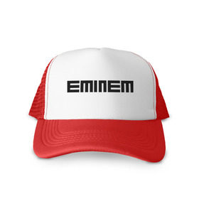 Кепка тракер с сеткой с принтом Eminem black logo в Кировске, трикотажное полотно; задняя часть — сетка | длинный козырек, универсальный размер, пластиковая застежка | хип хоп