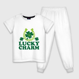 Детская пижама хлопок с принтом Lucky charm - подкова в Кировске, 100% хлопок |  брюки и футболка прямого кроя, без карманов, на брюках мягкая резинка на поясе и по низу штанин
 | patricks day | saint patricks day | день патрика | день святого патрика | клевер | подкова | удача | четырехлистный клевер