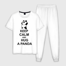 Мужская пижама хлопок с принтом keep calm and hug a panda в Кировске, 100% хлопок | брюки и футболка прямого кроя, без карманов, на брюках мягкая резинка на поясе и по низу штанин
 | панда