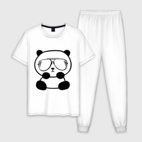 Мужская пижама хлопок с принтом панда в очках авиатор в Кировске, 100% хлопок | брюки и футболка прямого кроя, без карманов, на брюках мягкая резинка на поясе и по низу штанин
 | панда