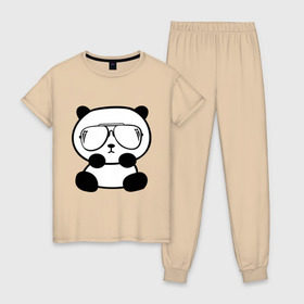 Женская пижама хлопок с принтом панда в очках авиатор в Кировске, 100% хлопок | брюки и футболка прямого кроя, без карманов, на брюках мягкая резинка на поясе и по низу штанин | панда