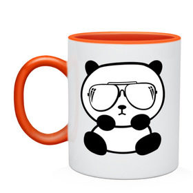 Кружка двухцветная с принтом панда в очках авиатор в Кировске, керамика | объем — 330 мл, диаметр — 80 мм. Цветная ручка и кайма сверху, в некоторых цветах — вся внутренняя часть | панда