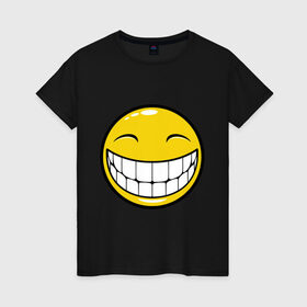 Женская футболка хлопок с принтом Позитивный смайлик (2) в Кировске, 100% хлопок | прямой крой, круглый вырез горловины, длина до линии бедер, слегка спущенное плечо | зубы | настроение | позитив | рожица | смайл | улыбка