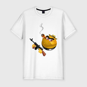 Мужская футболка премиум с принтом Smile Gangster в Кировске, 92% хлопок, 8% лайкра | приталенный силуэт, круглый вырез ворота, длина до линии бедра, короткий рукав | smile gangster | автомат | колобок | оружие | смайл гангстер