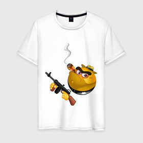 Мужская футболка хлопок с принтом Smile Gangster в Кировске, 100% хлопок | прямой крой, круглый вырез горловины, длина до линии бедер, слегка спущенное плечо. | smile gangster | автомат | колобок | оружие | смайл гангстер