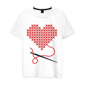 Мужская футболка хлопок с принтом Сердце вышивка с иголкой в Кировске, 100% хлопок | прямой крой, круглый вырез горловины, длина до линии бедер, слегка спущенное плечо. | игла | любимая | любимый | любовь | нитка | отношения | сердечко | чувства