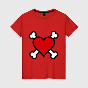 Женская футболка хлопок с принтом Сердце пиратское с костями в Кировске, 100% хлопок | прямой крой, круглый вырез горловины, длина до линии бедер, слегка спущенное плечо | сердце | сердце  с костями | сердце пиратское | сердце пиратское с костями
