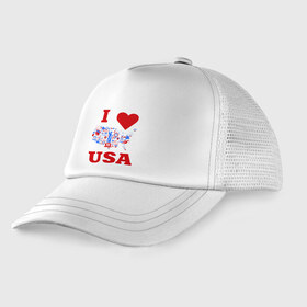 Детская кепка тракер с принтом Я люблю Америку в Кировске, Козырек - 100% хлопок. Кепка - 100% полиэстер, Задняя часть - сетка | универсальный размер, пластиковая застёжка | Тематика изображения на принте: i love usa | я люблю америку