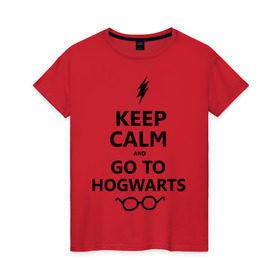 Женская футболка хлопок с принтом Keep calm and go to hogwarts. в Кировске, 100% хлопок | прямой крой, круглый вырез горловины, длина до линии бедер, слегка спущенное плечо | keep calm | сохраняйте спокойствие