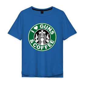 Мужская футболка хлопок Oversize с принтом I Love Guns and Coffee пистолеты и кофе в Кировске, 100% хлопок | свободный крой, круглый ворот, “спинка” длиннее передней части | я люблю кофе и пистолеты
