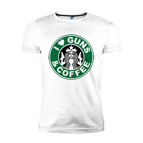 Мужская футболка премиум с принтом I Love Guns and Coffee пистолеты и кофе в Кировске, 92% хлопок, 8% лайкра | приталенный силуэт, круглый вырез ворота, длина до линии бедра, короткий рукав | я люблю кофе и пистолеты