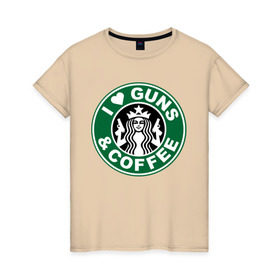 Женская футболка хлопок с принтом I Love Guns and Coffee пистолеты и кофе в Кировске, 100% хлопок | прямой крой, круглый вырез горловины, длина до линии бедер, слегка спущенное плечо | я люблю кофе и пистолеты