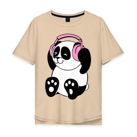 Мужская футболка хлопок Oversize с принтом Panda in headphones (панда в наушниках) в Кировске, 100% хлопок | свободный крой, круглый ворот, “спинка” длиннее передней части | панда