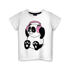 Детская футболка хлопок с принтом Panda in headphones (панда в наушниках) в Кировске, 100% хлопок | круглый вырез горловины, полуприлегающий силуэт, длина до линии бедер | панда