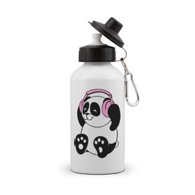 Бутылка спортивная с принтом Panda in headphones (панда в наушниках) в Кировске, металл | емкость — 500 мл, в комплекте две пластиковые крышки и карабин для крепления | панда