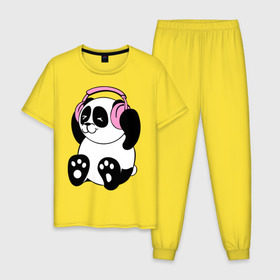 Мужская пижама хлопок с принтом Panda in headphones (панда в наушниках) в Кировске, 100% хлопок | брюки и футболка прямого кроя, без карманов, на брюках мягкая резинка на поясе и по низу штанин
 | панда