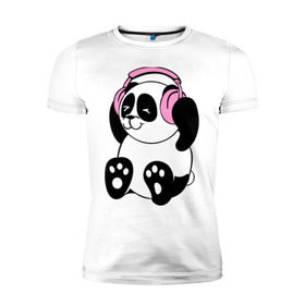 Мужская футболка премиум с принтом Panda in headphones (панда в наушниках) в Кировске, 92% хлопок, 8% лайкра | приталенный силуэт, круглый вырез ворота, длина до линии бедра, короткий рукав | Тематика изображения на принте: панда