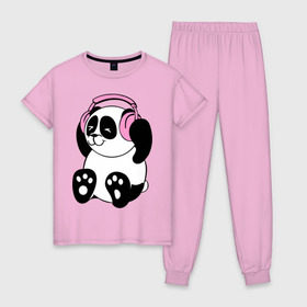 Женская пижама хлопок с принтом Panda in headphones (панда в наушниках) в Кировске, 100% хлопок | брюки и футболка прямого кроя, без карманов, на брюках мягкая резинка на поясе и по низу штанин | панда