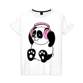 Женская футболка хлопок с принтом Panda in headphones (панда в наушниках) в Кировске, 100% хлопок | прямой крой, круглый вырез горловины, длина до линии бедер, слегка спущенное плечо | Тематика изображения на принте: панда