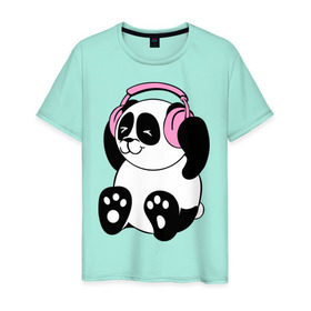 Мужская футболка хлопок с принтом Panda in headphones (панда в наушниках) в Кировске, 100% хлопок | прямой крой, круглый вырез горловины, длина до линии бедер, слегка спущенное плечо. | панда