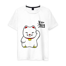 Мужская футболка хлопок с принтом Манэки-нэко (Maneki-Neko) в Кировске, 100% хлопок | прямой крой, круглый вырез горловины, длина до линии бедер, слегка спущенное плечо. | кошки | няш | символ счастья | японские кошки