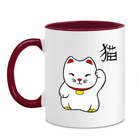Кружка двухцветная с принтом Манэки-нэко (Maneki-Neko) в Кировске, керамика | объем — 330 мл, диаметр — 80 мм. Цветная ручка и кайма сверху, в некоторых цветах — вся внутренняя часть | кошки | няш | символ счастья | японские кошки