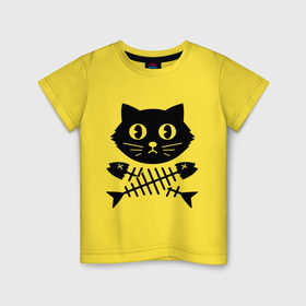 Детская футболка хлопок с принтом Пиратский знак кот и кости в Кировске, 100% хлопок | круглый вырез горловины, полуприлегающий силуэт, длина до линии бедер | киса | косточки от рыбы | кот | котенок | кошка | рыбка | черный кот