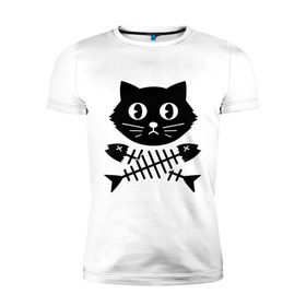 Мужская футболка премиум с принтом Пиратский знак кот и кости в Кировске, 92% хлопок, 8% лайкра | приталенный силуэт, круглый вырез ворота, длина до линии бедра, короткий рукав | киса | косточки от рыбы | кот | котенок | кошка | рыбка | черный кот