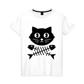 Женская футболка хлопок с принтом Пиратский знак кот и кости в Кировске, 100% хлопок | прямой крой, круглый вырез горловины, длина до линии бедер, слегка спущенное плечо | киса | косточки от рыбы | кот | котенок | кошка | рыбка | черный кот