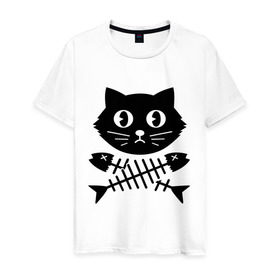 Мужская футболка хлопок с принтом Пиратский знак кот и кости в Кировске, 100% хлопок | прямой крой, круглый вырез горловины, длина до линии бедер, слегка спущенное плечо. | киса | косточки от рыбы | кот | котенок | кошка | рыбка | черный кот