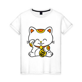 Женская футболка хлопок с принтом Maneki-Neko Манэки – кошка удачи в Кировске, 100% хлопок | прямой крой, круглый вырез горловины, длина до линии бедер, слегка спущенное плечо | киса | котенок | кошка удачи | японские кошки