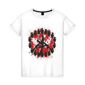 Женская футболка хлопок с принтом знак peace мир оружием в Кировске, 100% хлопок | прямой крой, круглый вырез горловины, длина до линии бедер, слегка спущенное плечо | Тематика изображения на принте: peace | знак peace мир оружие | мир