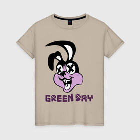 Женская футболка хлопок с принтом Green day rabbit в Кировске, 100% хлопок | прямой крой, круглый вырез горловины, длина до линии бедер, слегка спущенное плечо | Тематика изображения на принте: green day | rock | грин дэй | кролик | музыка | рок группа
