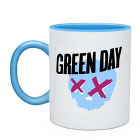 Кружка двухцветная с принтом Green day skull в Кировске, керамика | объем — 330 мл, диаметр — 80 мм. Цветная ручка и кайма сверху, в некоторых цветах — вся внутренняя часть | green day | rock | грин дэй | музыка | рок группа
