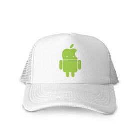Кепка тракер с сеткой с принтом Android Applehead в Кировске, трикотажное полотно; задняя часть — сетка | длинный козырек, универсальный размер, пластиковая застежка | android | apple | админам | андроид | для админов | эпл