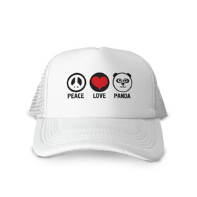 Кепка тракер с сеткой с принтом Peace, love, panda (мир любовь панда) в Кировске, трикотажное полотно; задняя часть — сетка | длинный козырек, универсальный размер, пластиковая застежка | love | panda | peace | любовь | мир